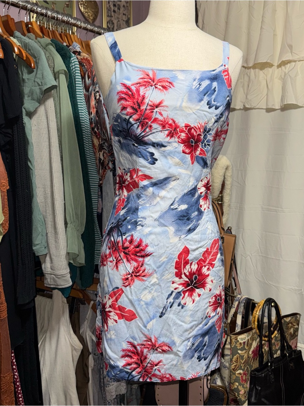 Aqua Blu Light Blue Mini Dress with Red Tropical Floral Print